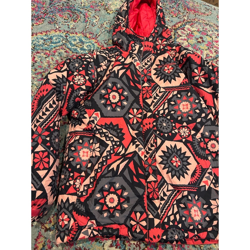 Columbia Kids XL Hooded Puffer Jacket Red Black Geometric Tribal Print Insulated